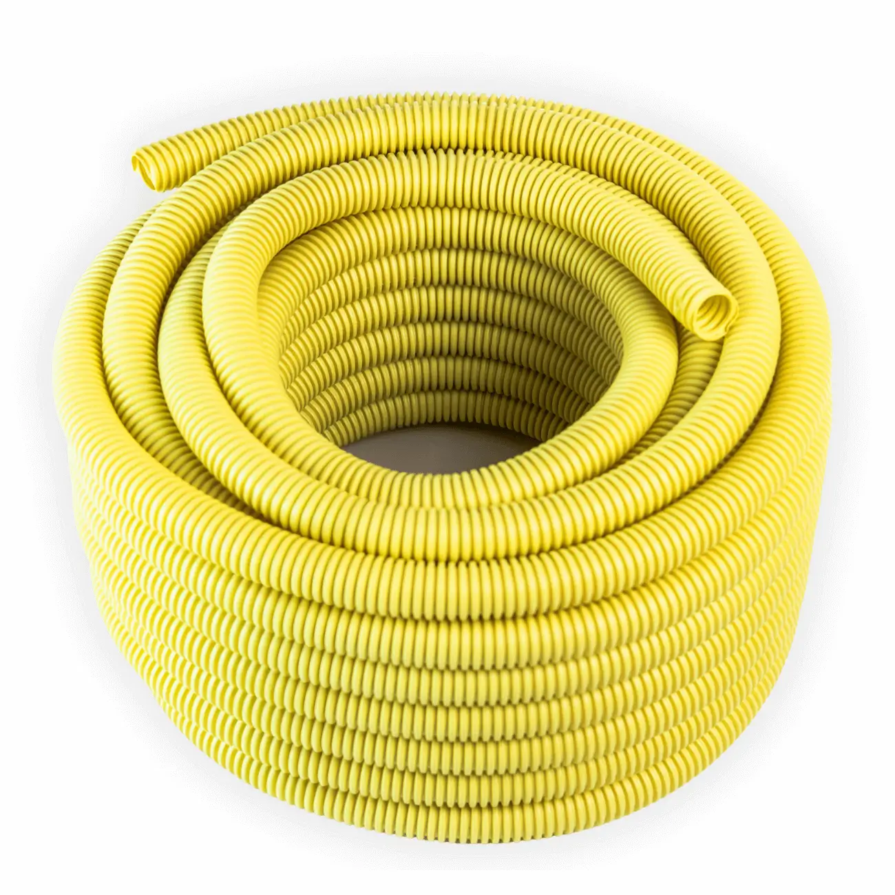 Foto com fundo branco mostrando a vista isométrica do conduite corrugado sustentável EcoRaio amarelo.